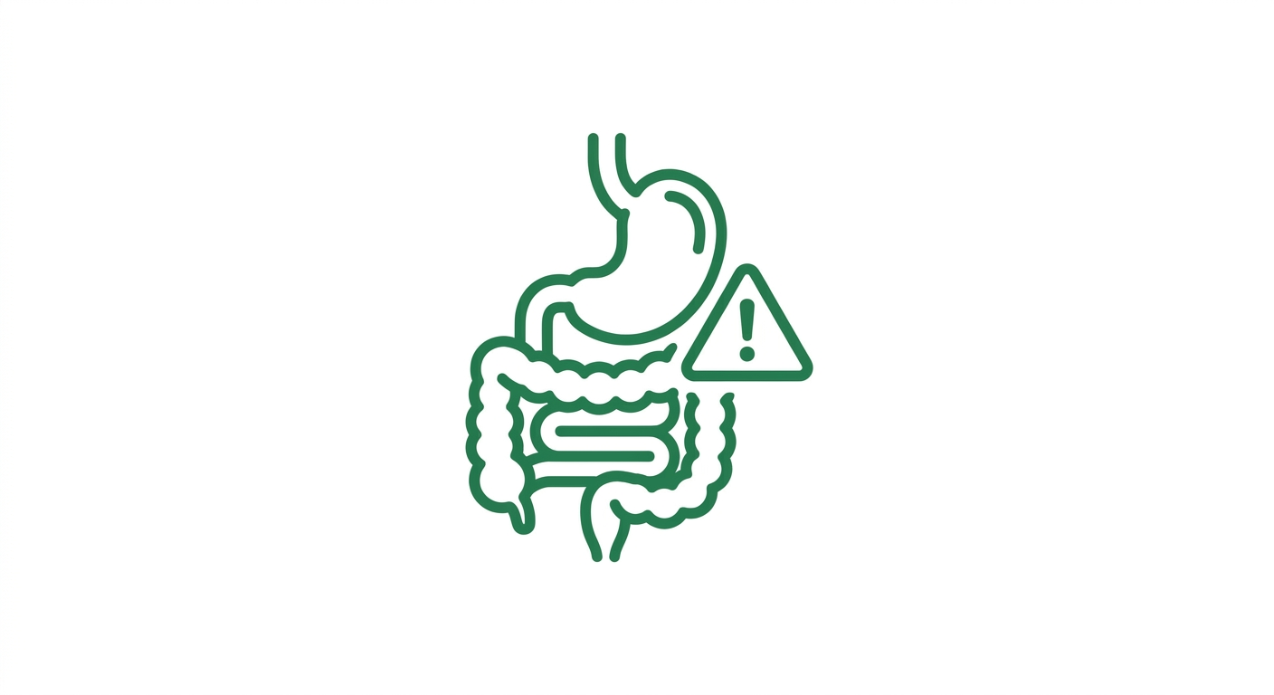 Symbolische Icon-Illustration von Magen/Darm mit Warnsymbol (Illustration, KI-generiert)