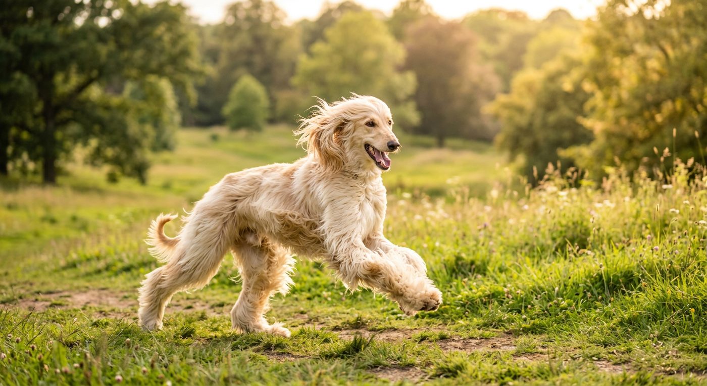 Aktiver, gesunder Afghanischer Windhund im Freien (symbolische Fotodarstellung, KI-generiert)
