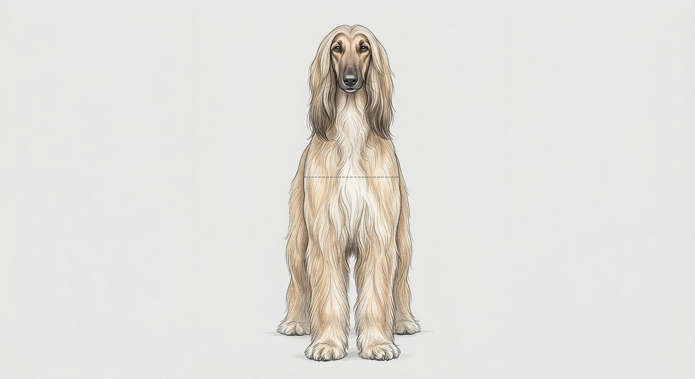 Afghanischer Windhund Frontalansicht: Rassezeichnung mit Vermassung der Brustbreite (Illustration, KI-generiert)