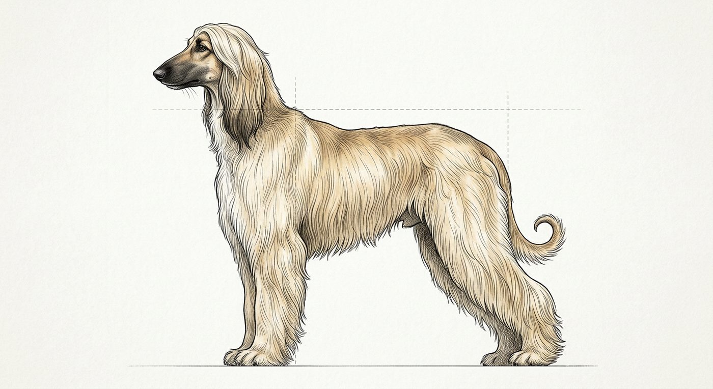 Afghanischer Windhund Seitenansicht: Rassezeichnung mit Vermassung von Körperlänge und Widerristhöhe (Illustration, KI-generiert)
