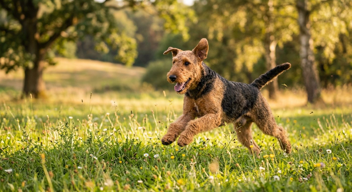 Aktiver, gesunder Airedale Terrier im Freien (symbolische Fotodarstellung, KI-generiert)