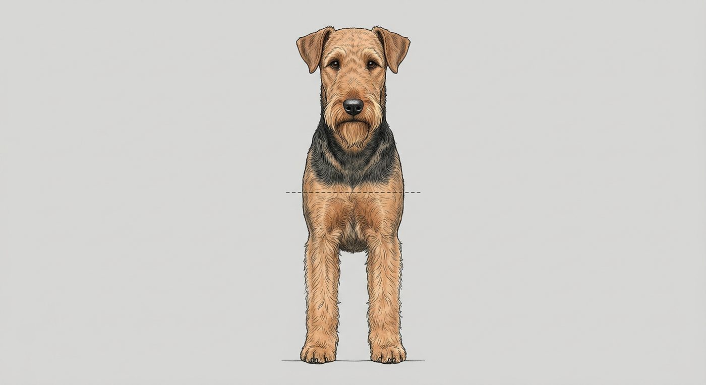 Airedale Terrier Frontalansicht: Rassezeichnung mit Vermassung der Brustbreite (Illustration, KI-generiert)