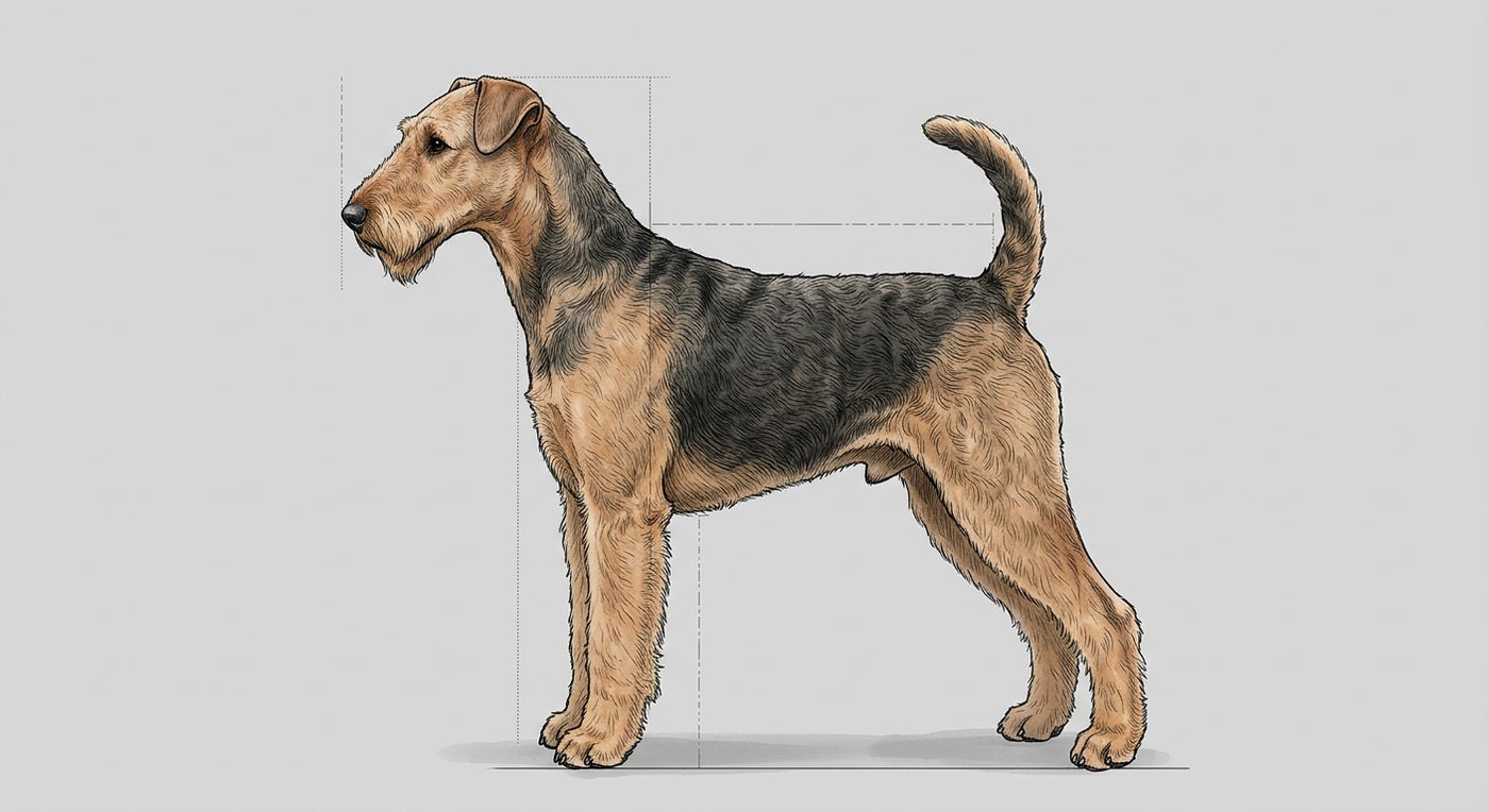 Airedale Terrier Seitenansicht: Rassezeichnung mit Vermassung von Körperlänge und Widerristhöhe (Illustration, KI-generiert)