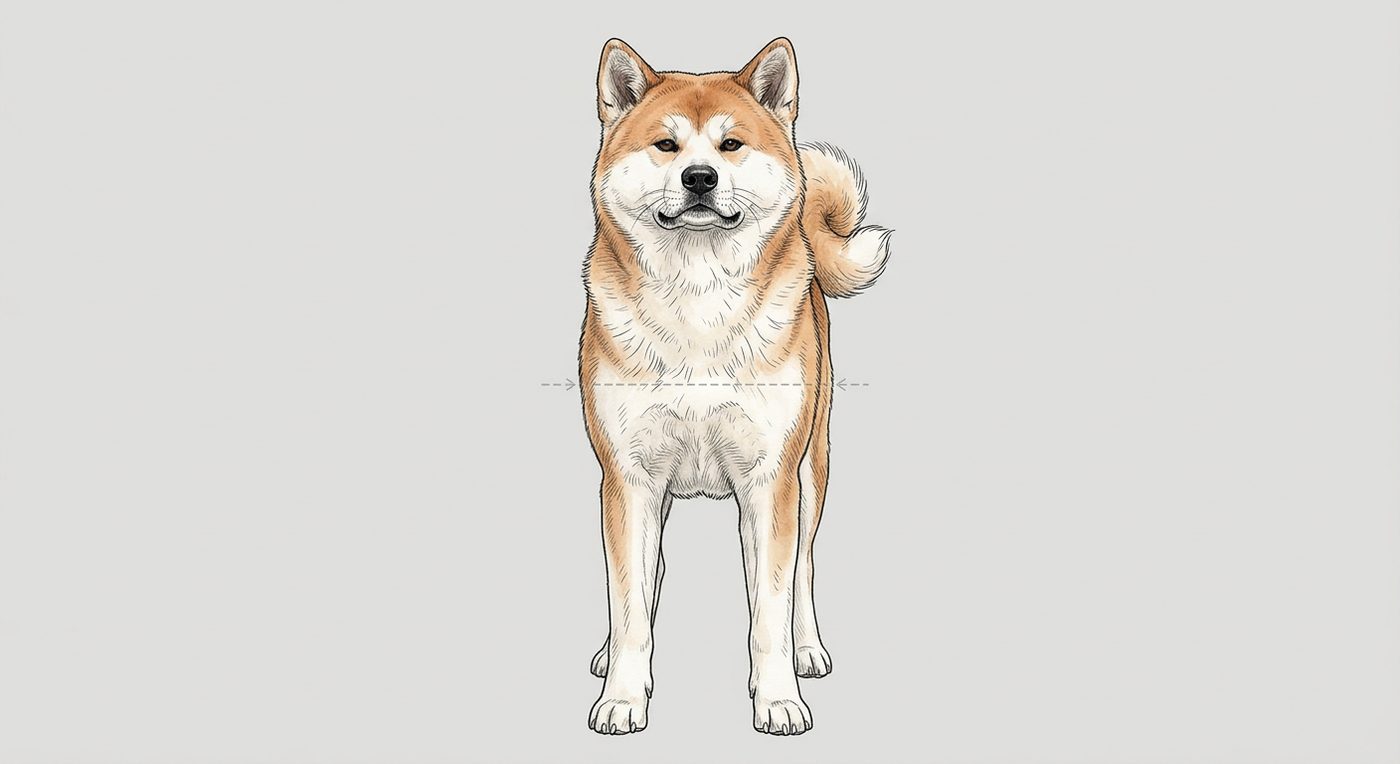 Akita Inu Frontalansicht: Rassezeichnung mit Vermassung der Brustbreite (Illustration, KI-generiert)