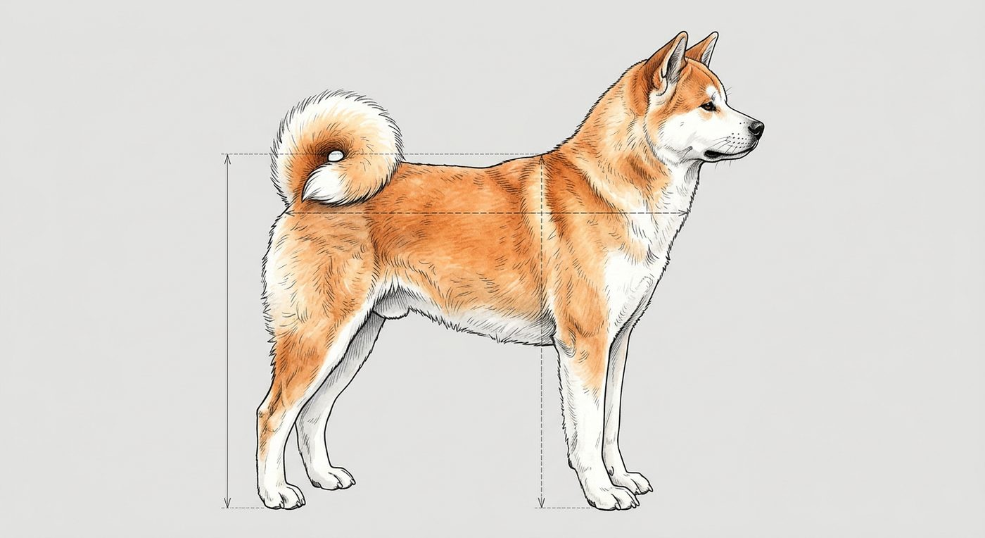 Akita Inu Seitenansicht: Rassezeichnung mit Vermassung von Körperlänge und Widerristhöhe (Illustration, KI-generiert)