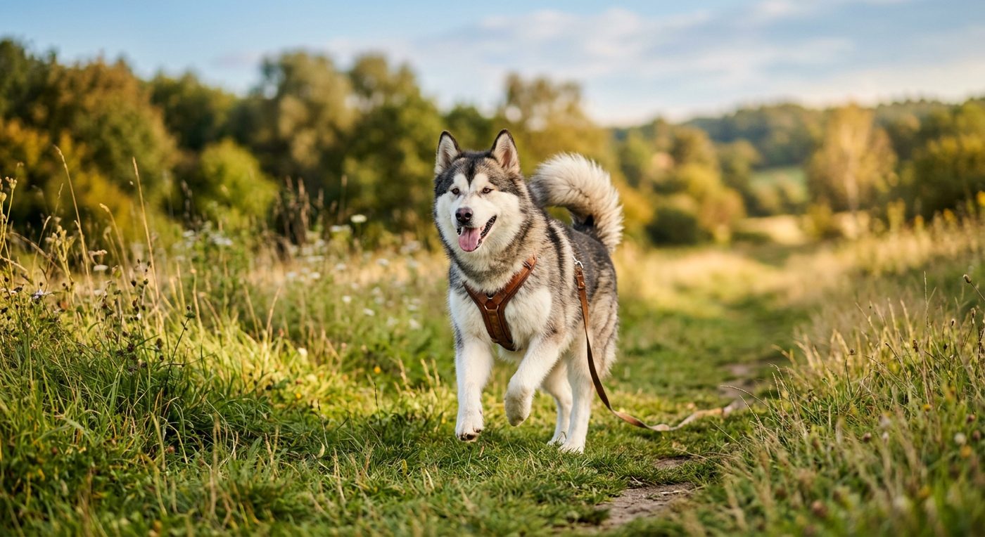 Aktiver, gesunder Alaskan Malamute im Freien (symbolische Fotodarstellung, KI-generiert)