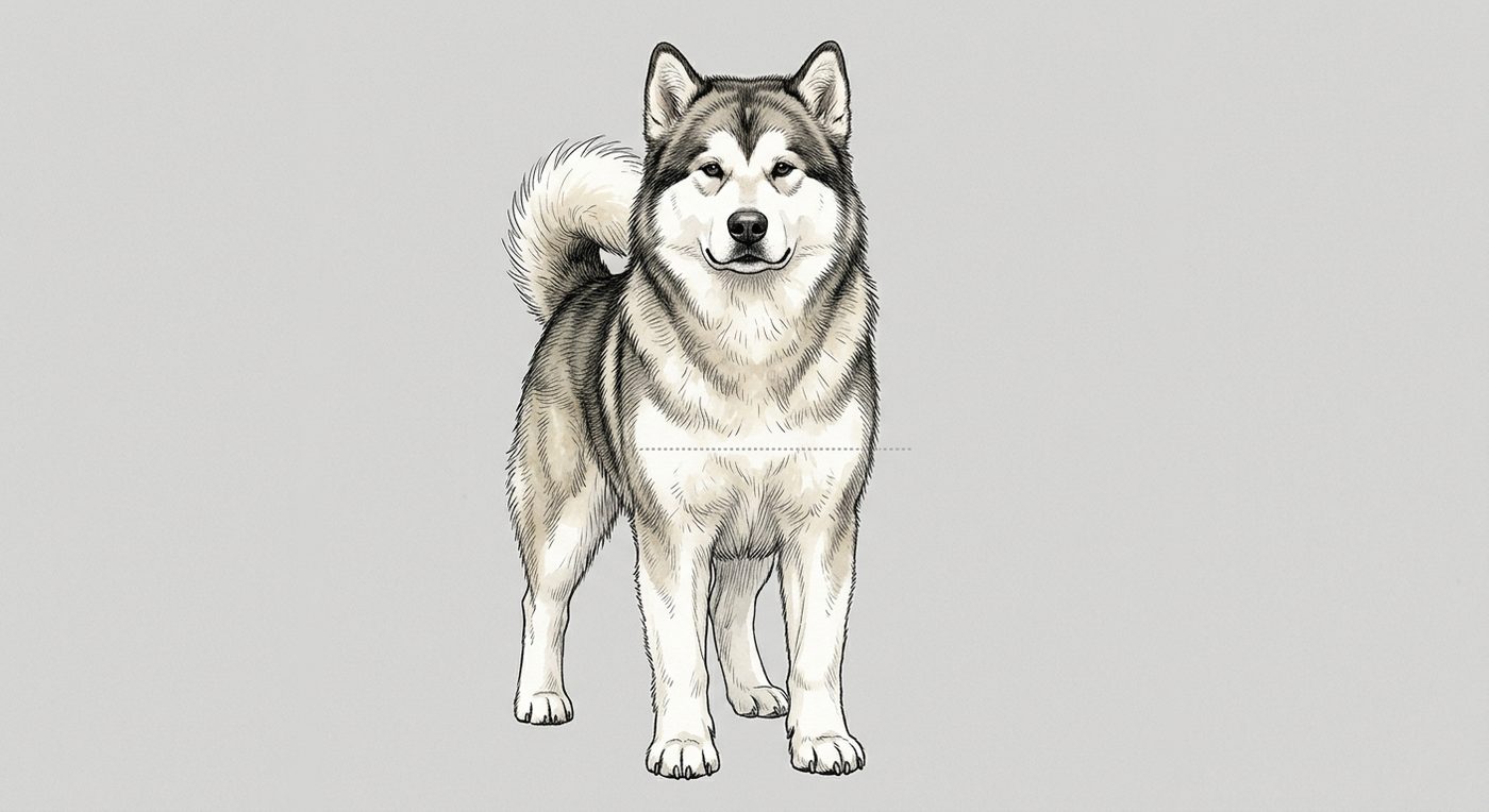 Alaskan Malamute Frontalansicht: Rassezeichnung mit Vermassung der Brustbreite (Illustration, KI-generiert)