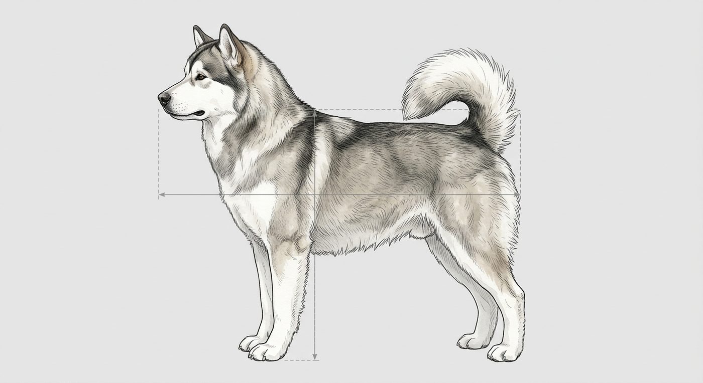 Alaskan Malamute Seitenansicht: Rassezeichnung mit Vermassung von Körperlänge und Widerristhöhe (Illustration, KI-generiert)