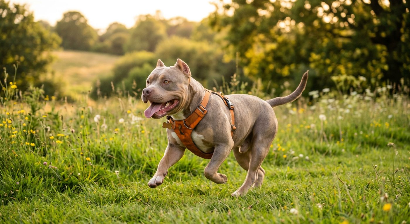 Aktiver, gesunder American Bully im Freien (symbolische Fotodarstellung, KI-generiert)