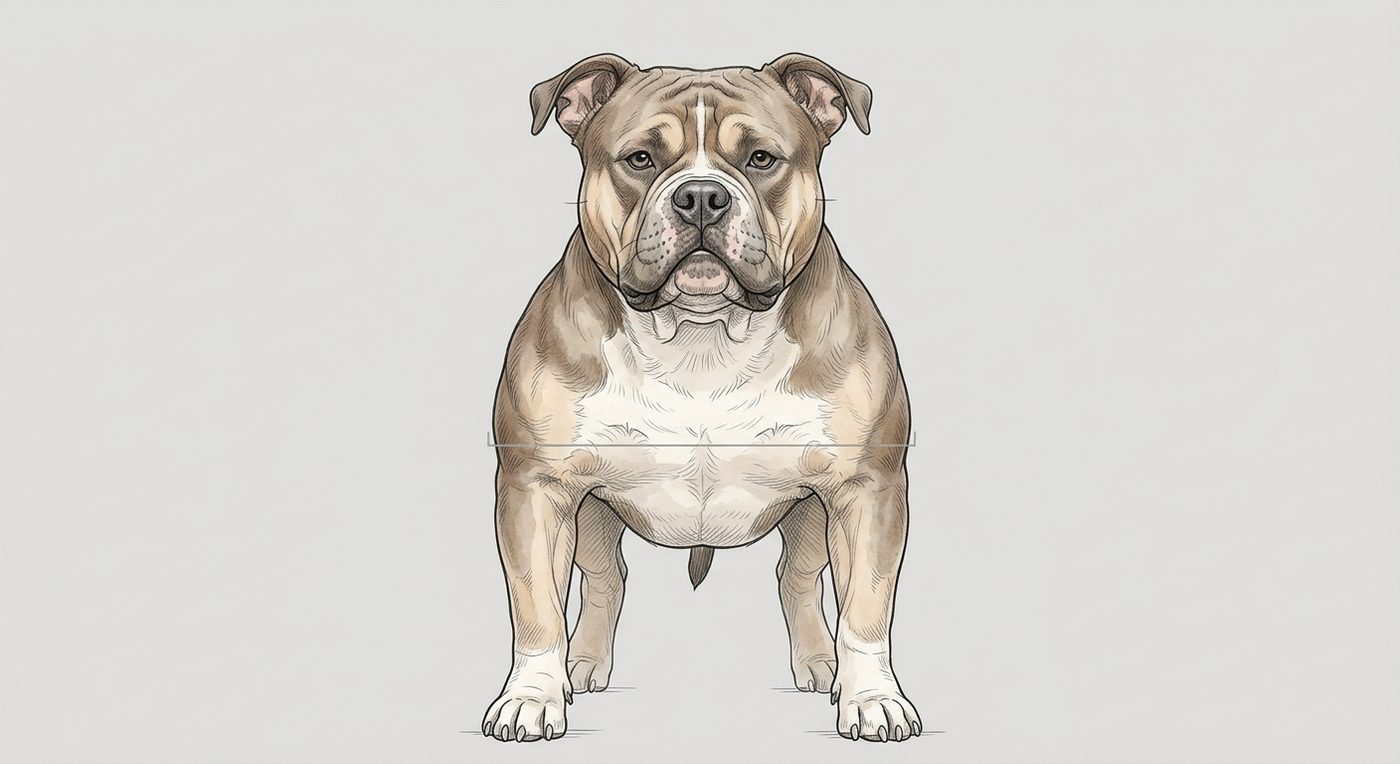 American Bully Frontalansicht: Rassezeichnung mit Vermassung der Brustbreite (Illustration, KI-generiert)