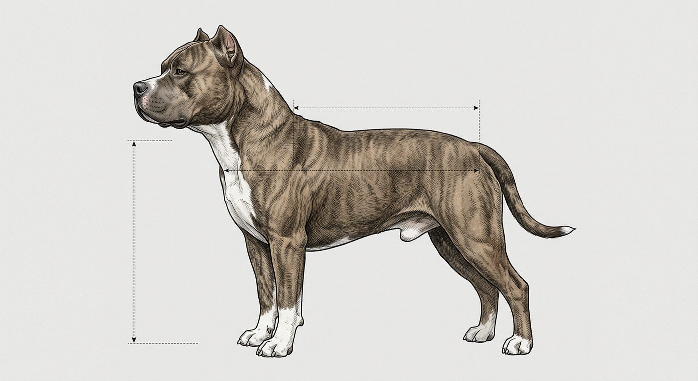 American Bully Seitenansicht: Rassezeichnung mit Vermassung von Körperlänge und Widerristhöhe (Illustration, KI-generiert)