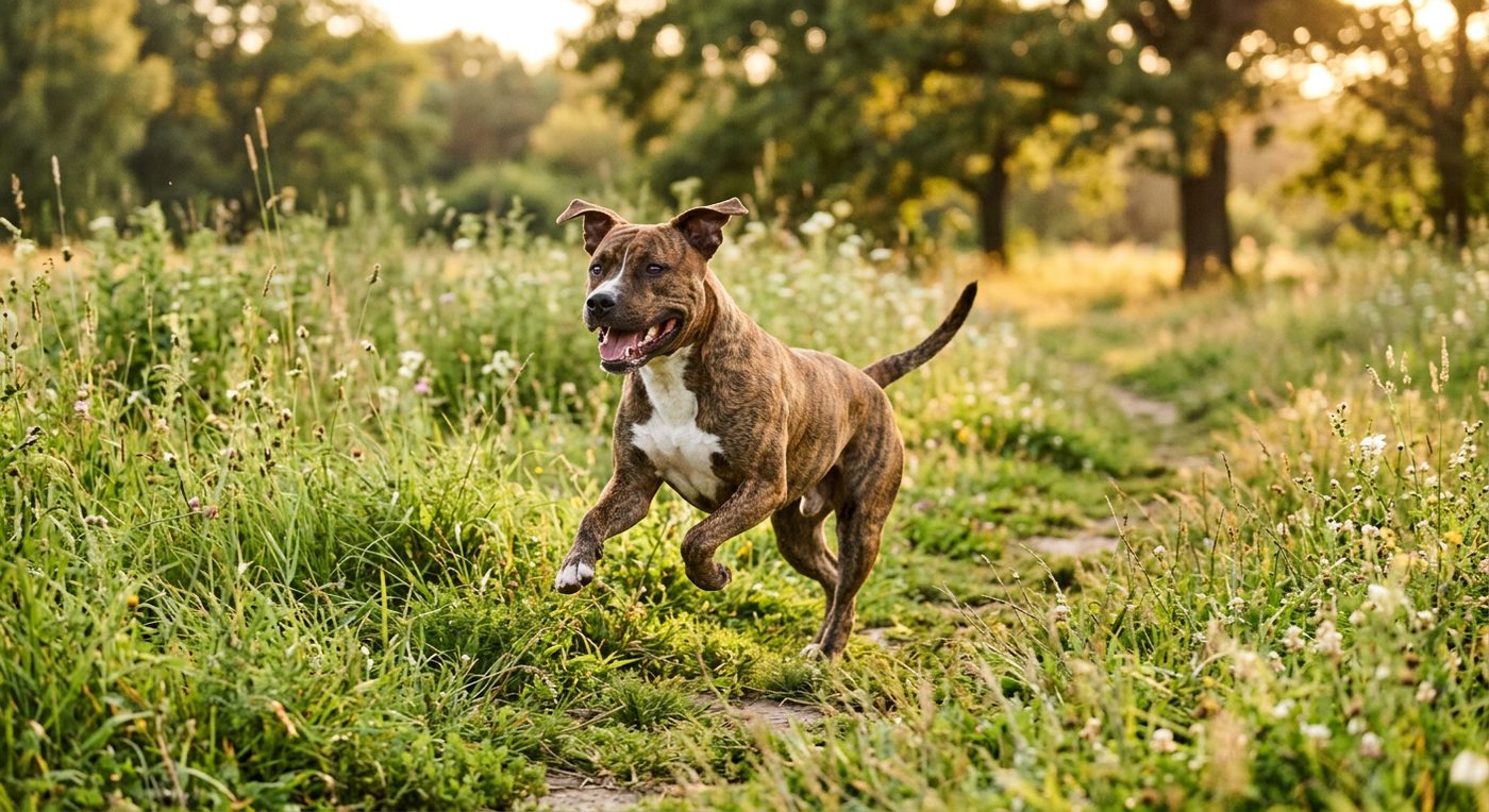 Aktiver, gesunder American Staffordshire Terrier im Freien (symbolische Fotodarstellung, KI-generiert)