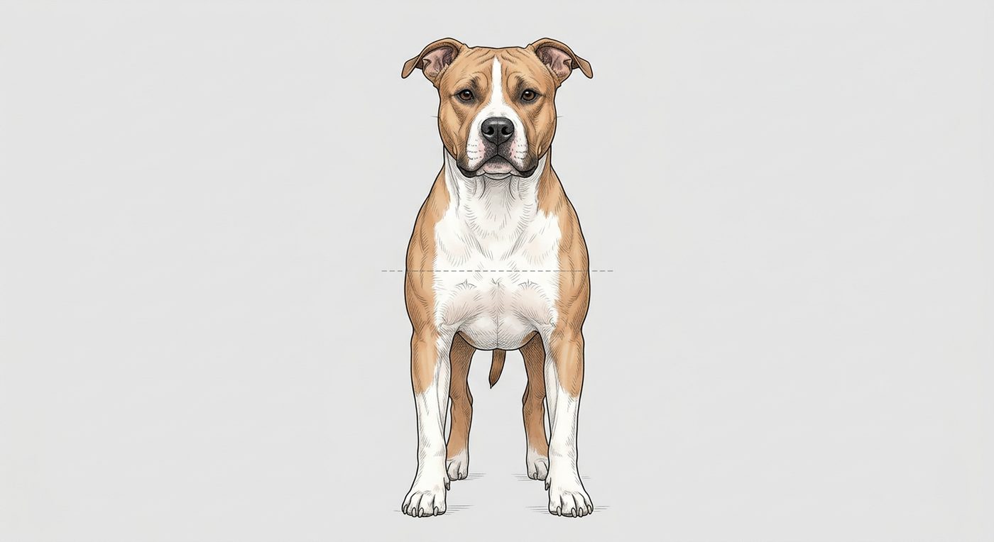 American Staffordshire Terrier Frontalansicht: Rassezeichnung mit Vermassung der Brustbreite (Illustration, KI-generiert)