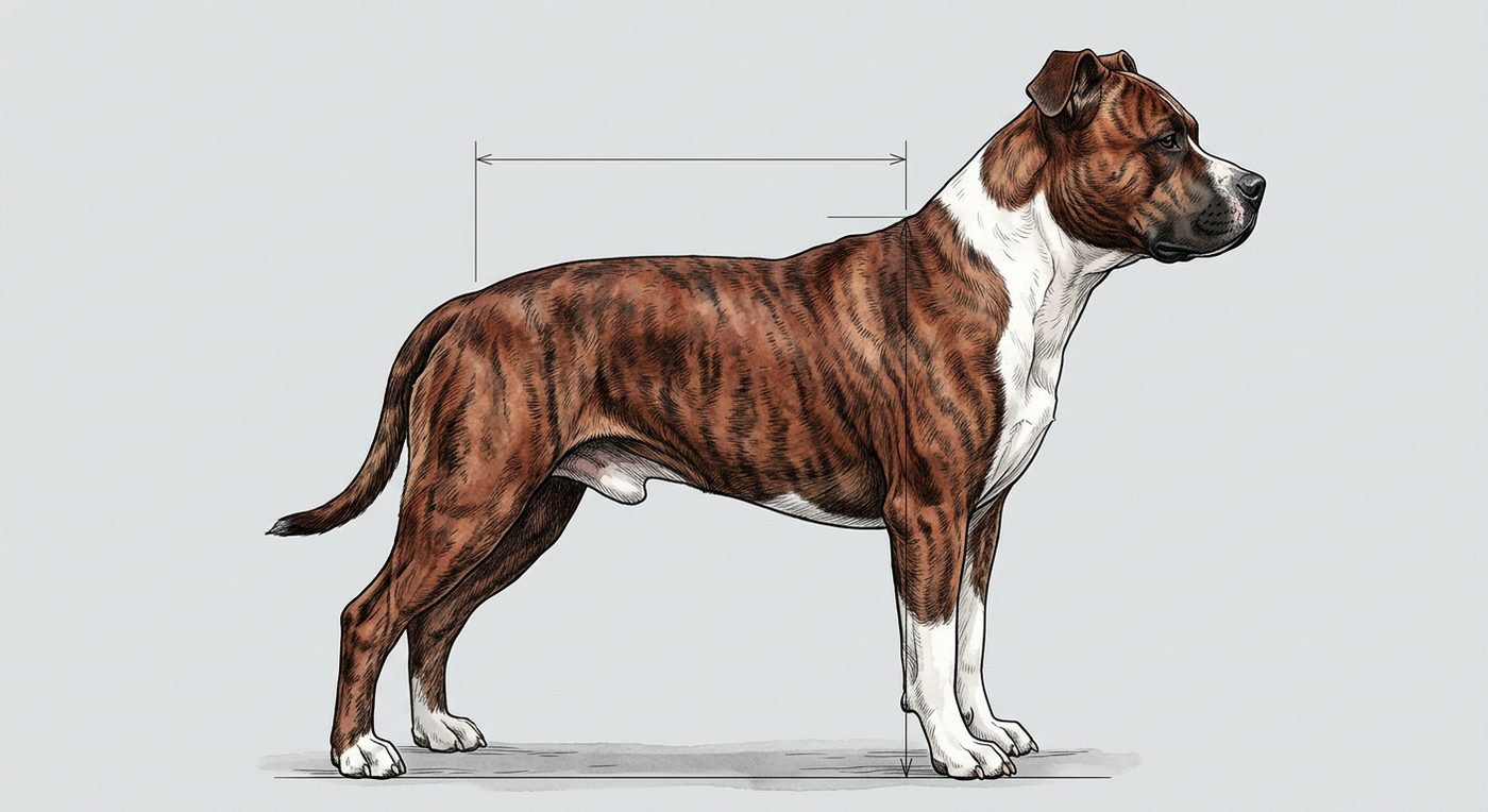 American Staffordshire Terrier Seitenansicht: Rassezeichnung mit Vermassung von Körperlänge und Widerristhöhe (Illustration, KI-generiert)