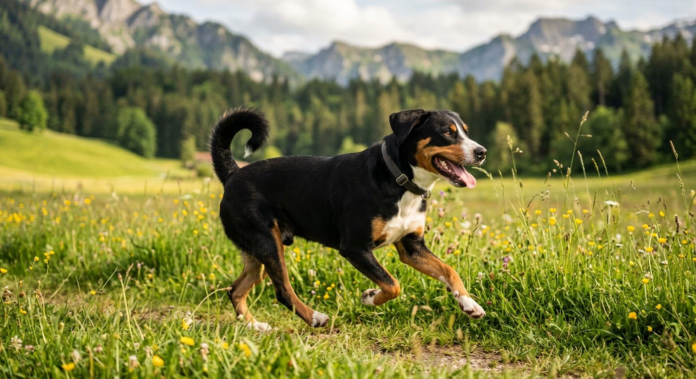 Aktiver, gesunder Appenzeller Sennenhund im Freien (symbolische Fotodarstellung, KI-generiert)