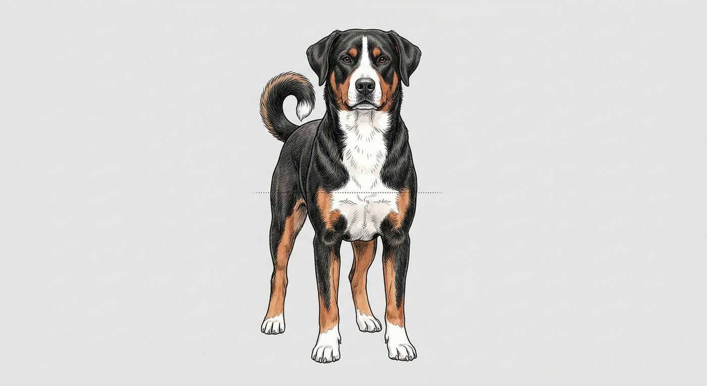 Appenzeller Sennenhund Frontalansicht: Rassezeichnung mit Vermassung der Brustbreite (Illustration, KI-generiert)