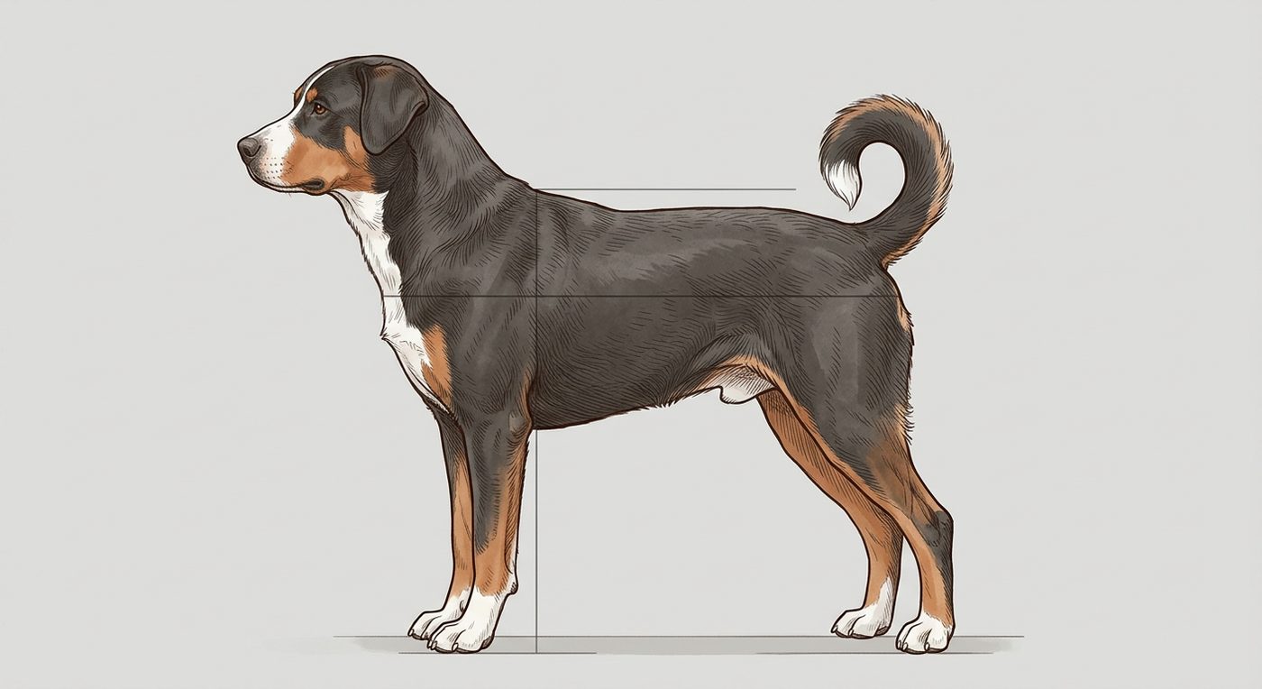 Appenzeller Sennenhund Seitenansicht: Rassezeichnung mit Vermassung von Körperlänge und Widerristhöhe (Illustration, KI-generiert)