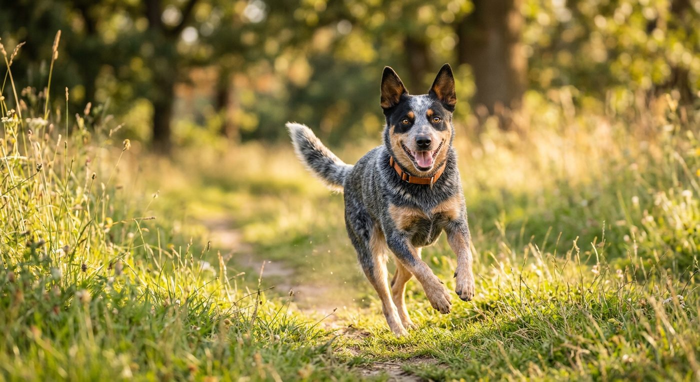 Aktiver, gesunder Australian Cattle Dog im Freien (symbolische Fotodarstellung, KI-generiert)