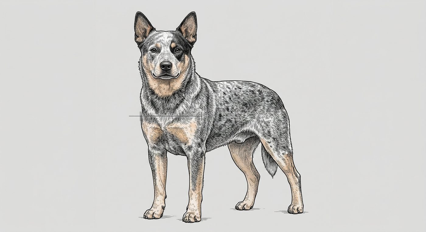 Australian Cattle Dog Frontalansicht: Rassezeichnung mit Vermassung der Brustbreite (Illustration, KI-generiert)