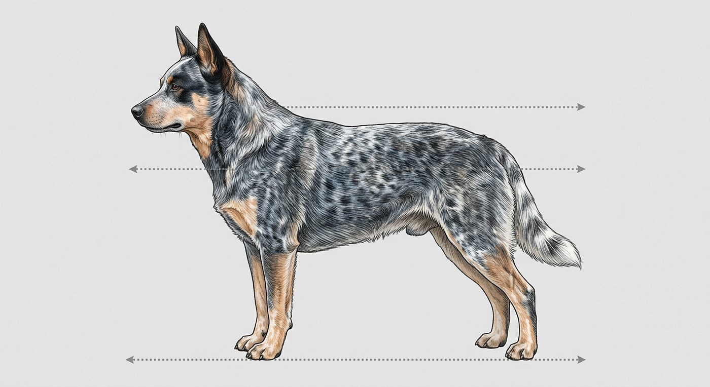 Australian Cattle Dog Seitenansicht: Rassezeichnung mit Vermassung von Körperlänge und Widerristhöhe (Illustration, KI-generiert)