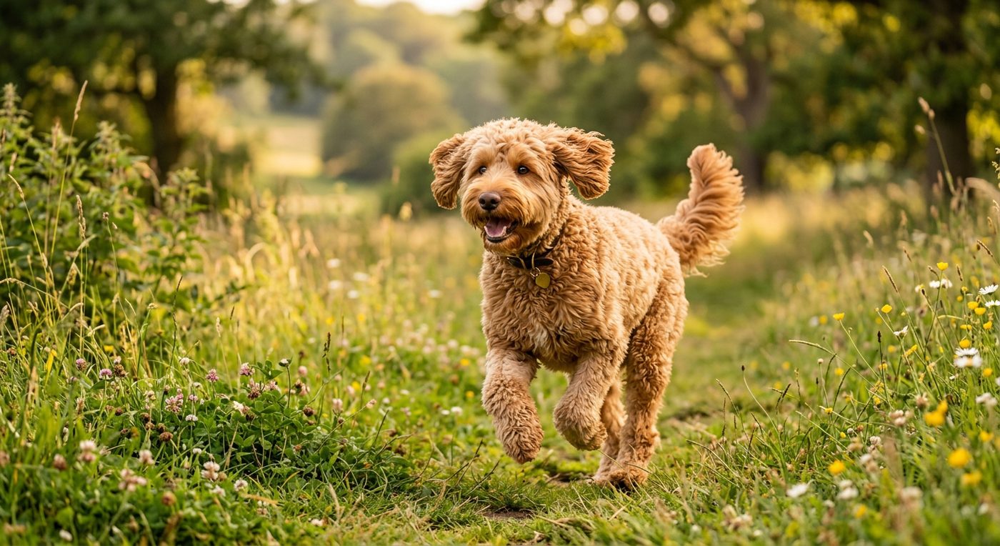 Aktiver, gesunder Australian Labradoodle im Freien (symbolische Fotodarstellung, KI-generiert)