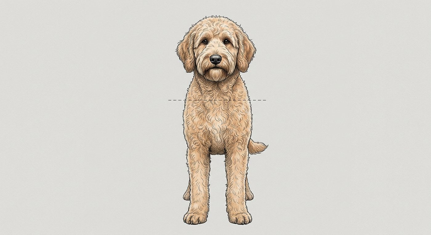 Australian Labradoodle Frontalansicht: Rassezeichnung mit Vermassung der Brustbreite (Illustration, KI-generiert)
