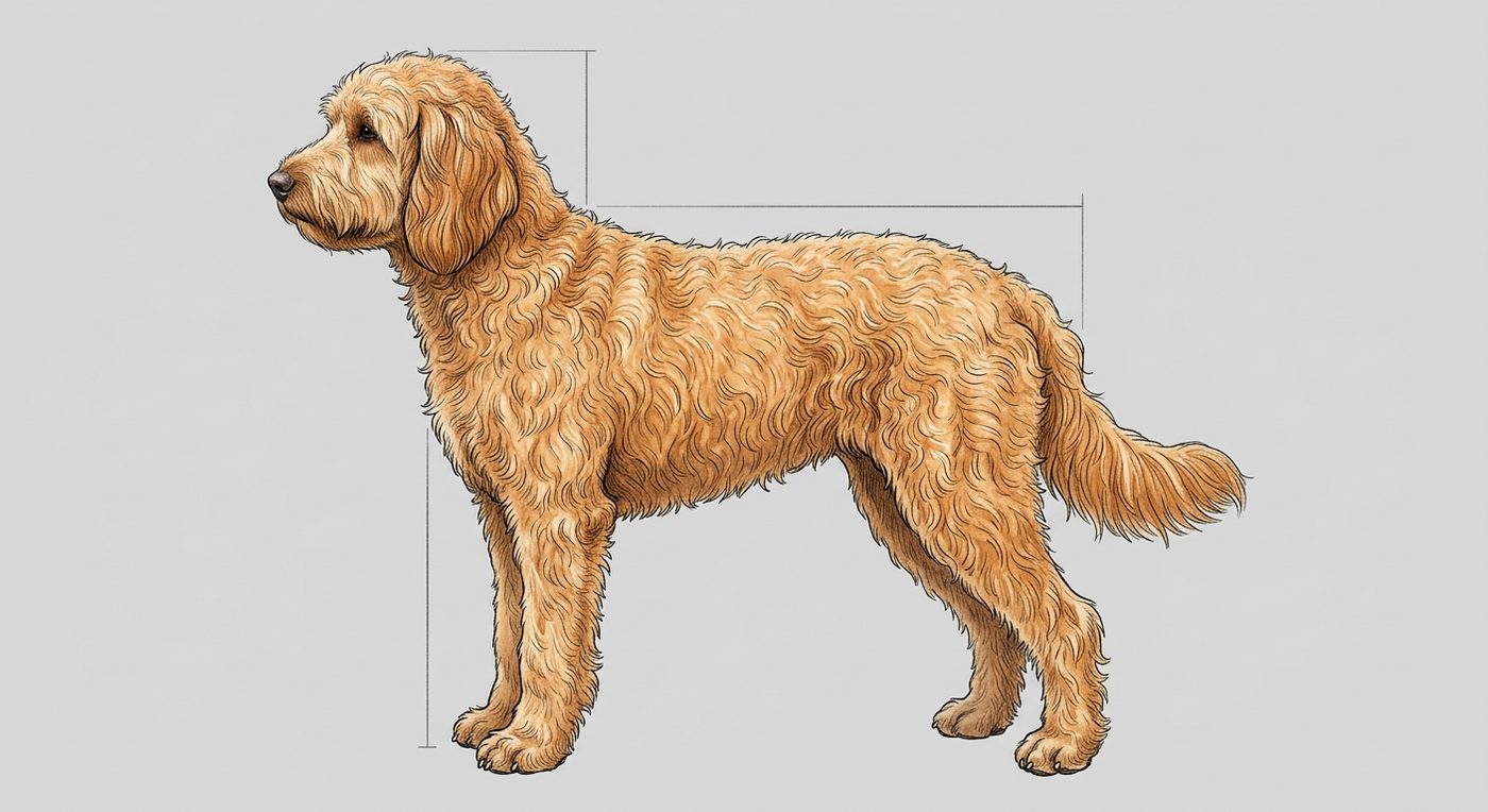 Australian Labradoodle Seitenansicht: Rassezeichnung mit Vermassung von Körperlänge und Widerristhöhe (Illustration, KI-generiert)
