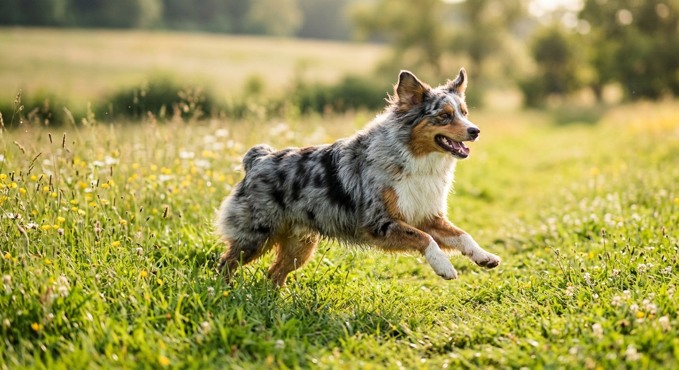 Aktiver, gesunder Australian Shepherd beim Rennen über eine Wiese (symbolische Fotodarstellung, KI-generiert)