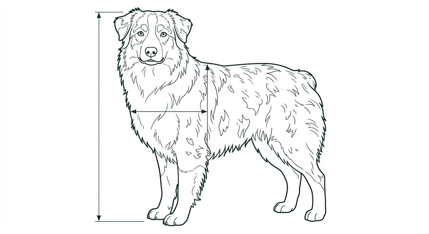 Australian Shepherd Frontalansicht: Rassezeichnung mit Vermassung der Brustbreite (Illustration, KI-generiert)
