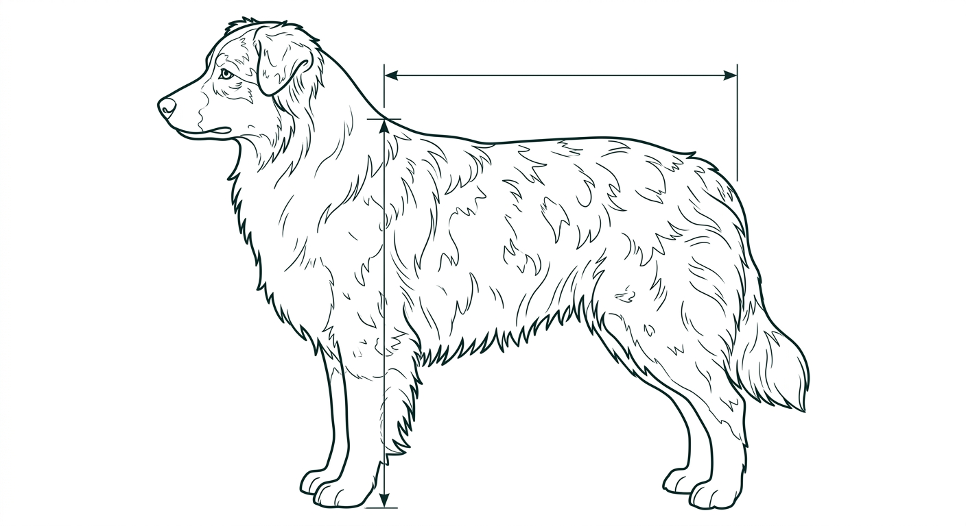Australian Shepherd Seitenansicht: Rassezeichnung mit Vermassung von Körperlänge und Widerristhöhe (Illustration, KI-generiert)