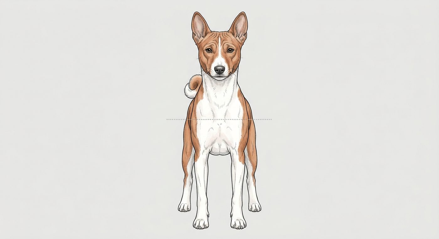 Basenji Frontalansicht: Rassezeichnung mit Vermassung der Brustbreite (Illustration, KI-generiert)