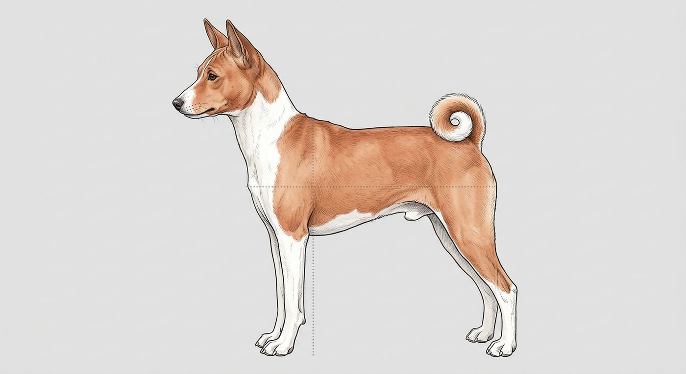 Basenji Seitenansicht: Rassezeichnung mit Vermassung von Körperlänge und Widerristhöhe (Illustration, KI-generiert)