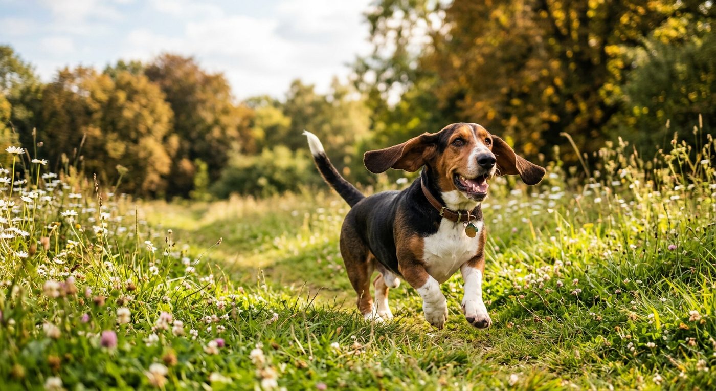 Aktiver, gesunder Basset Hound im Freien (symbolische Fotodarstellung, KI-generiert)