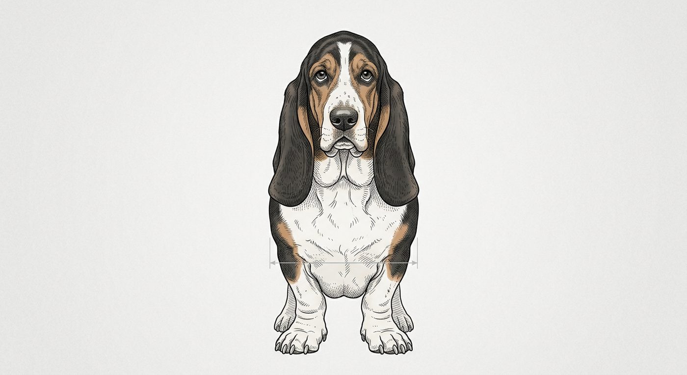 Basset Hound Frontalansicht: Rassezeichnung mit Vermassung der Brustbreite (Illustration, KI-generiert)