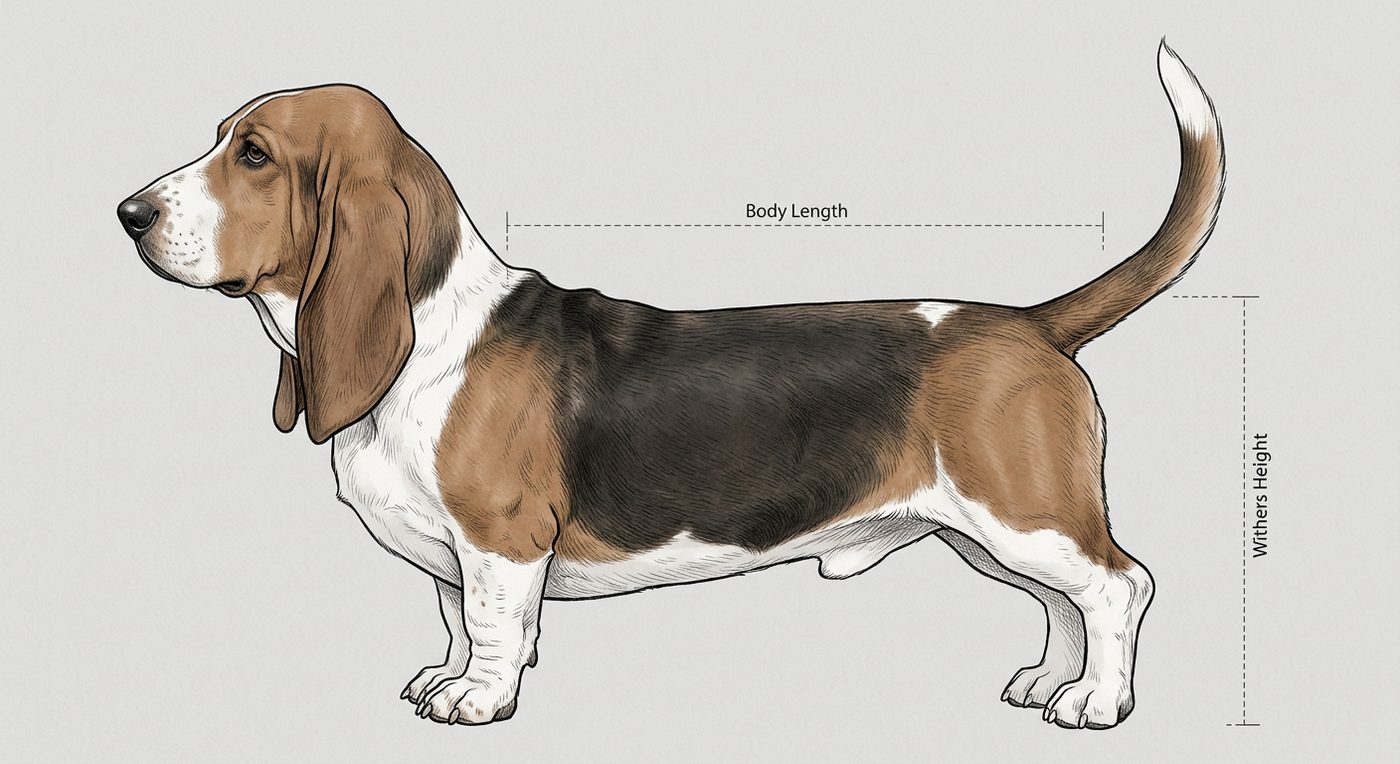 Basset Hound Seitenansicht: Rassezeichnung mit Vermassung von Körperlänge und Widerristhöhe (Illustration, KI-generiert)