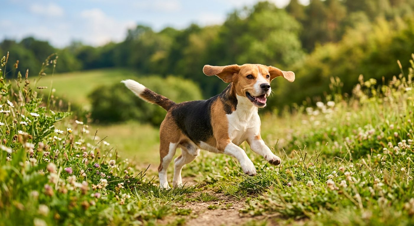 Aktiver, gesunder Beagle beim Rennen über eine Wiese (symbolische Fotodarstellung, KI-generiert)