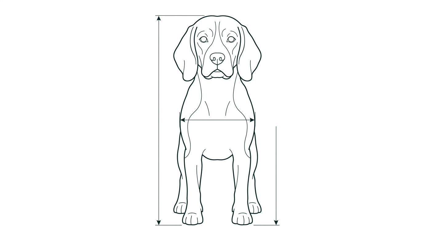 Beagle Frontalansicht: Rassezeichnung mit Vermassung der Brustbreite (Illustration, KI-generiert)