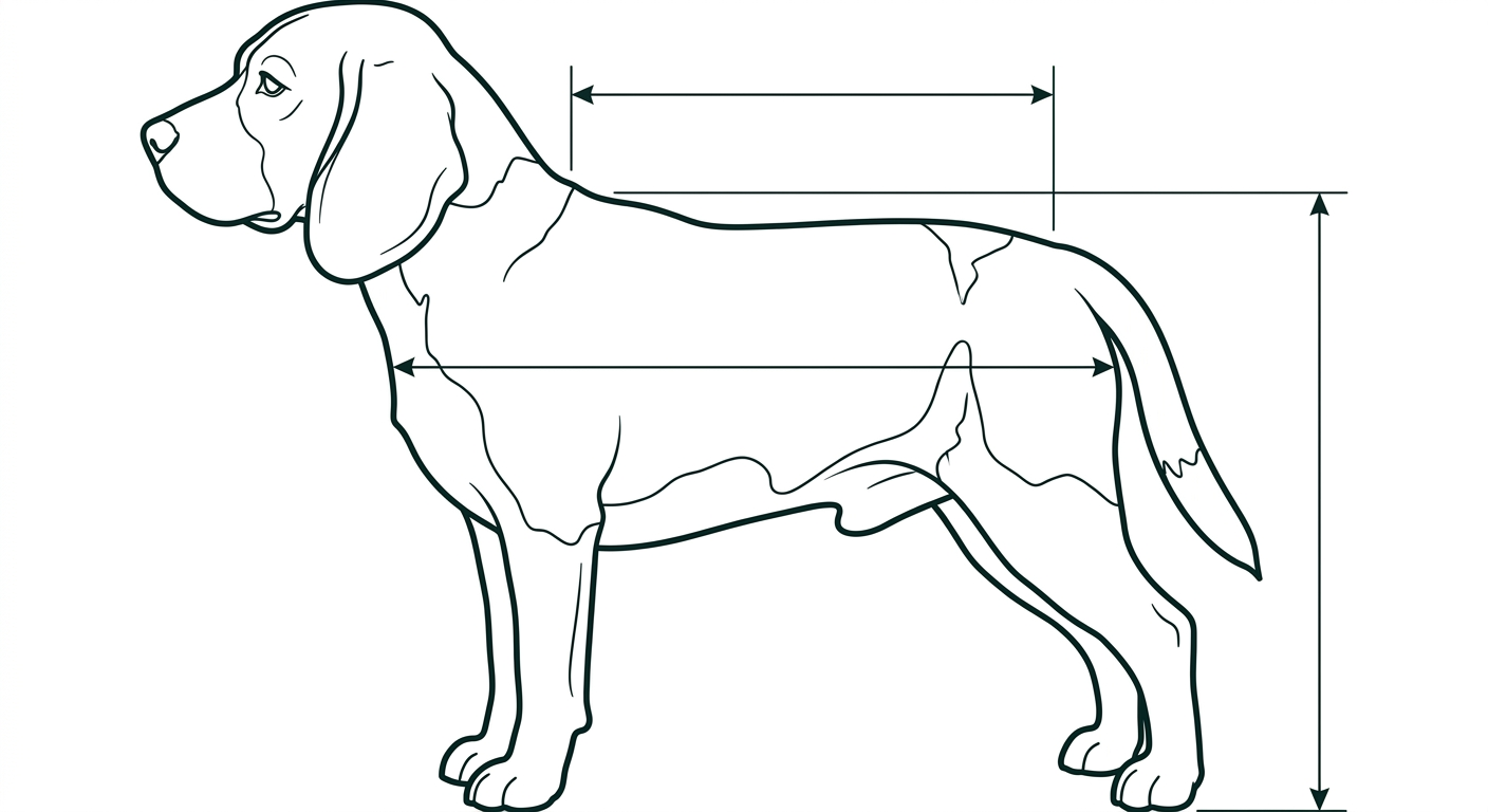 Beagle Seitenansicht: Rassezeichnung mit Vermassung von Körperlänge und Widerristhöhe (Illustration, KI-generiert)