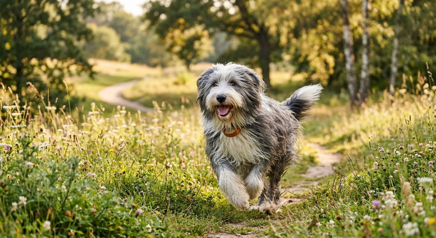 Aktiver, gesunder Bearded Collie im Freien (symbolische Fotodarstellung, KI-generiert)