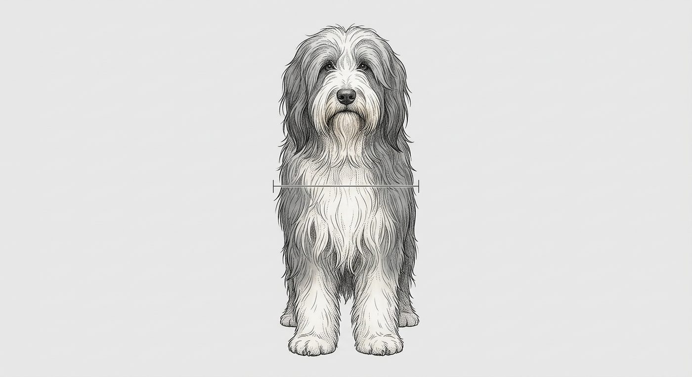 Bearded Collie Frontalansicht: Rassezeichnung mit Vermassung der Brustbreite (Illustration, KI-generiert)