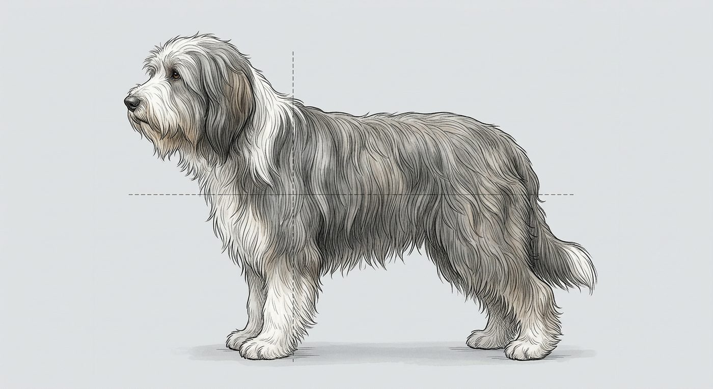 Bearded Collie Seitenansicht: Rassezeichnung mit Vermassung von Körperlänge und Widerristhöhe (Illustration, KI-generiert)