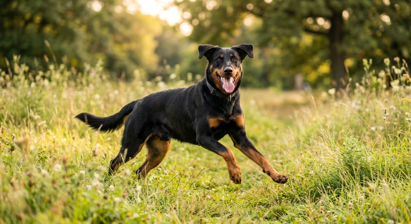 Aktiver, gesunder Beauceron im Freien (symbolische Fotodarstellung, KI-generiert)