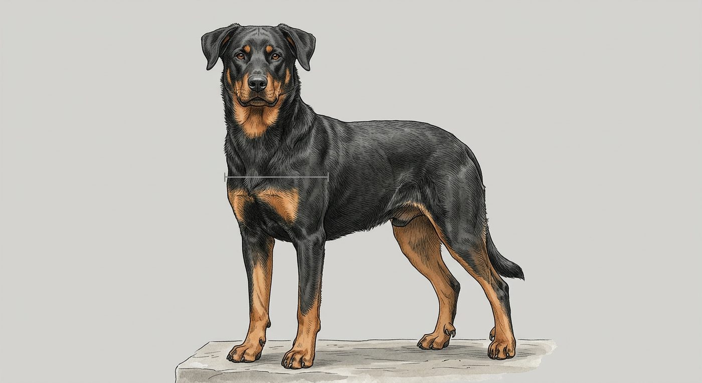Beauceron Frontalansicht: Rassezeichnung mit Vermassung der Brustbreite (Illustration, KI-generiert)