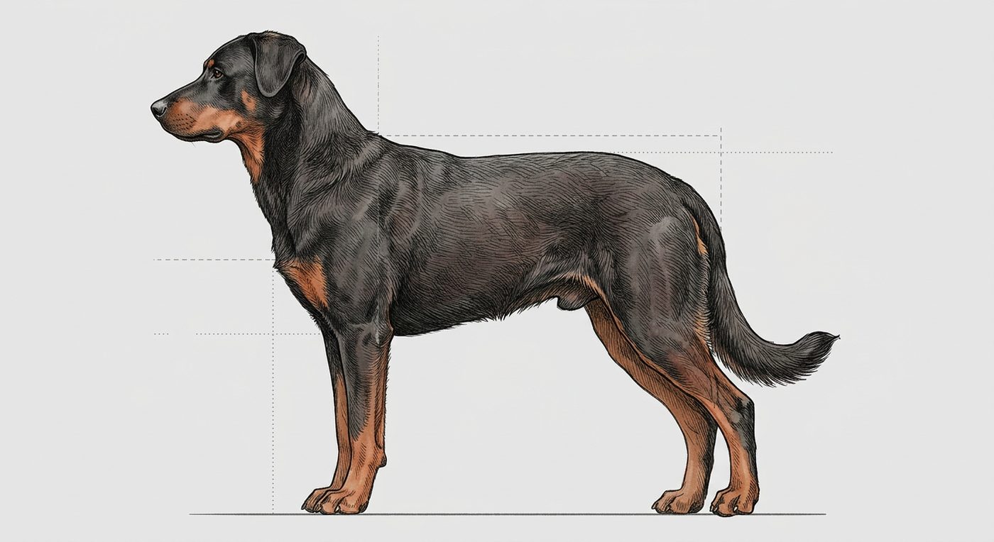 Beauceron Seitenansicht: Rassezeichnung mit Vermassung von Körperlänge und Widerristhöhe (Illustration, KI-generiert)