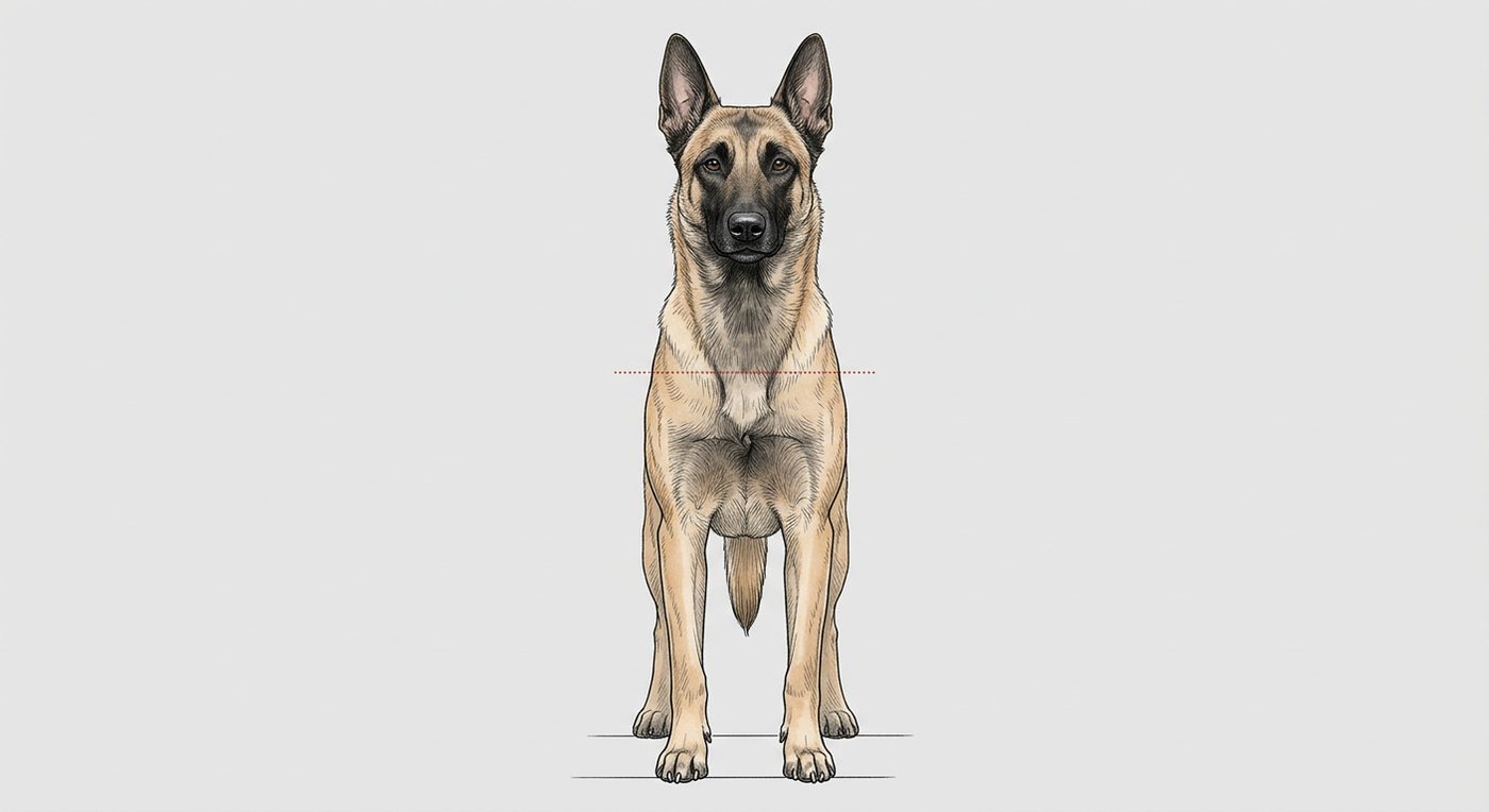 Belgischer Schäferhund Frontalansicht: Rassezeichnung mit Vermassung der Brustbreite (Illustration, KI-generiert)