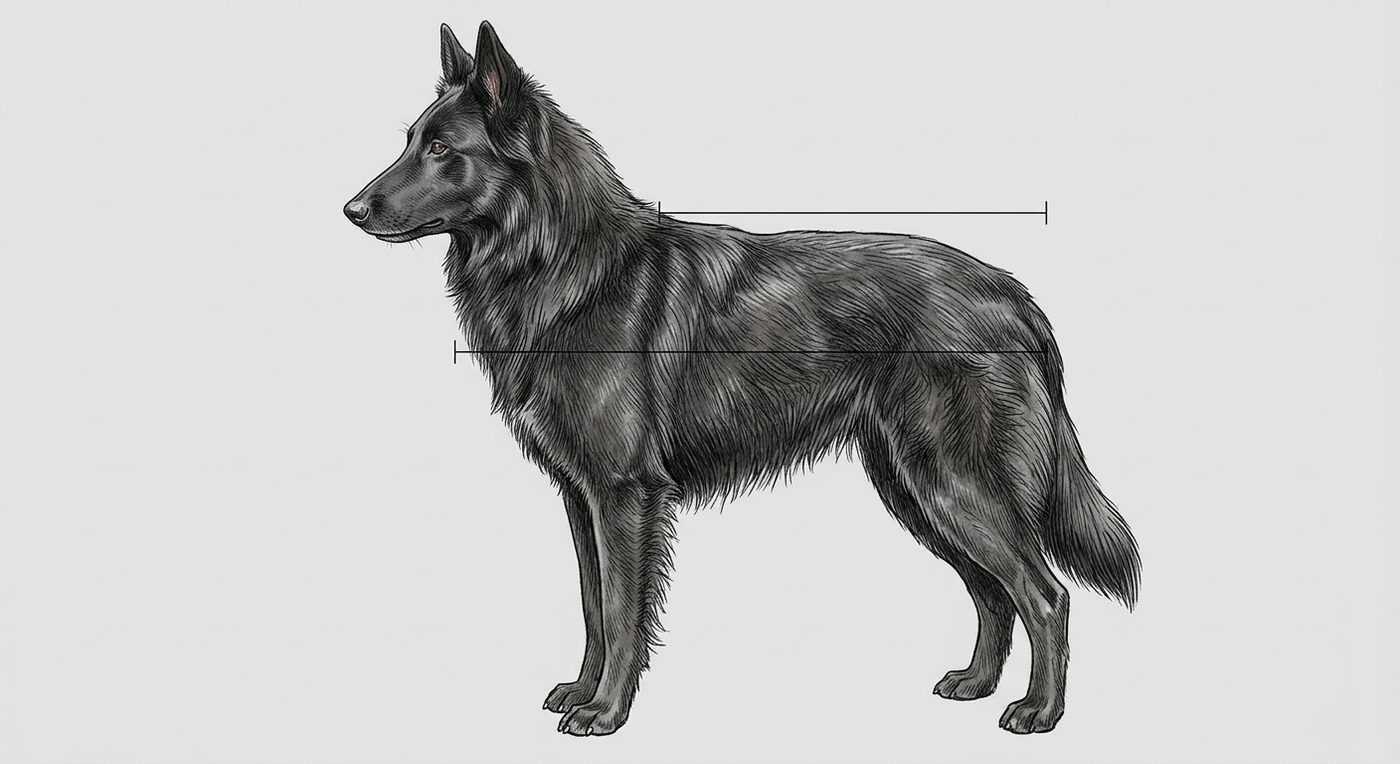 Belgischer Schäferhund Seitenansicht: Rassezeichnung mit Vermassung von Körperlänge und Widerristhöhe (Illustration, KI-generiert)