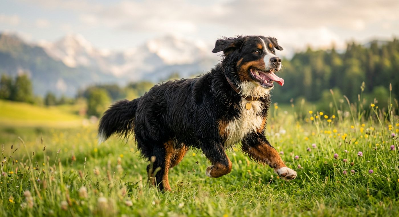 Aktiver, gesunder Berner Sennenhund beim Rennen über eine Wiese (symbolische Fotodarstellung, KI-generiert)