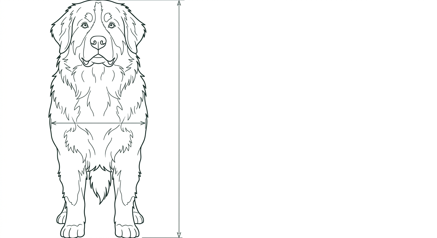 Berner Sennenhund Frontalansicht: Rassezeichnung mit Vermassung der Brustbreite (Illustration, KI-generiert)