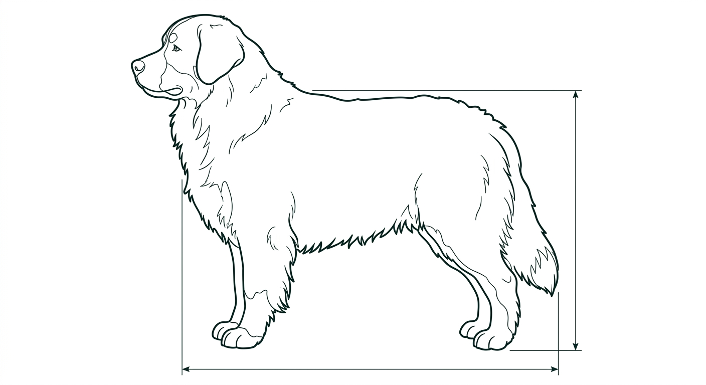 Berner Sennenhund Seitenansicht: Rassezeichnung mit Vermassung von Körperlänge und Widerristhöhe (Illustration, KI-generiert)