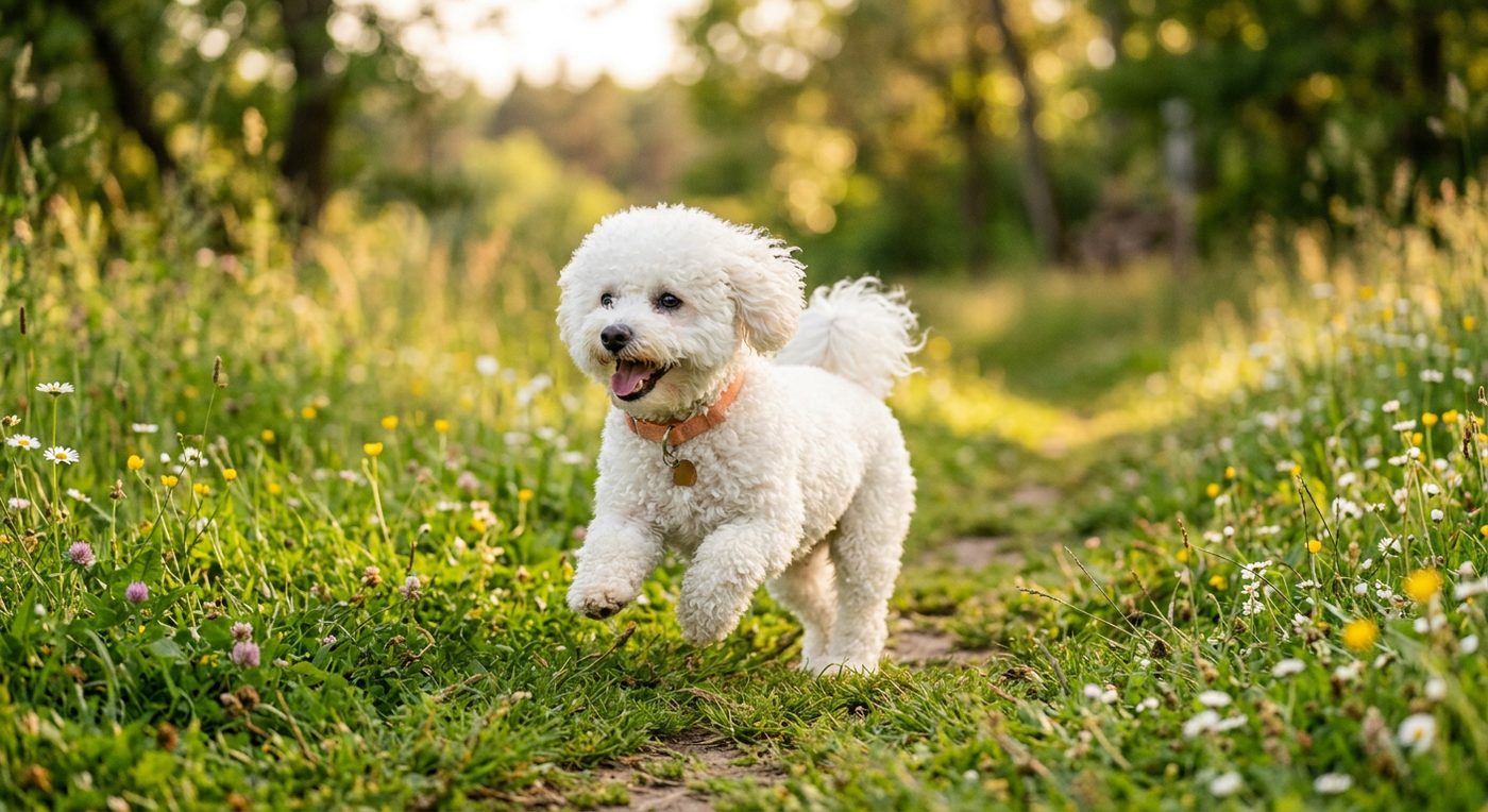 Aktiver, gesunder Bichon Frisé im Freien (symbolische Fotodarstellung, KI-generiert)